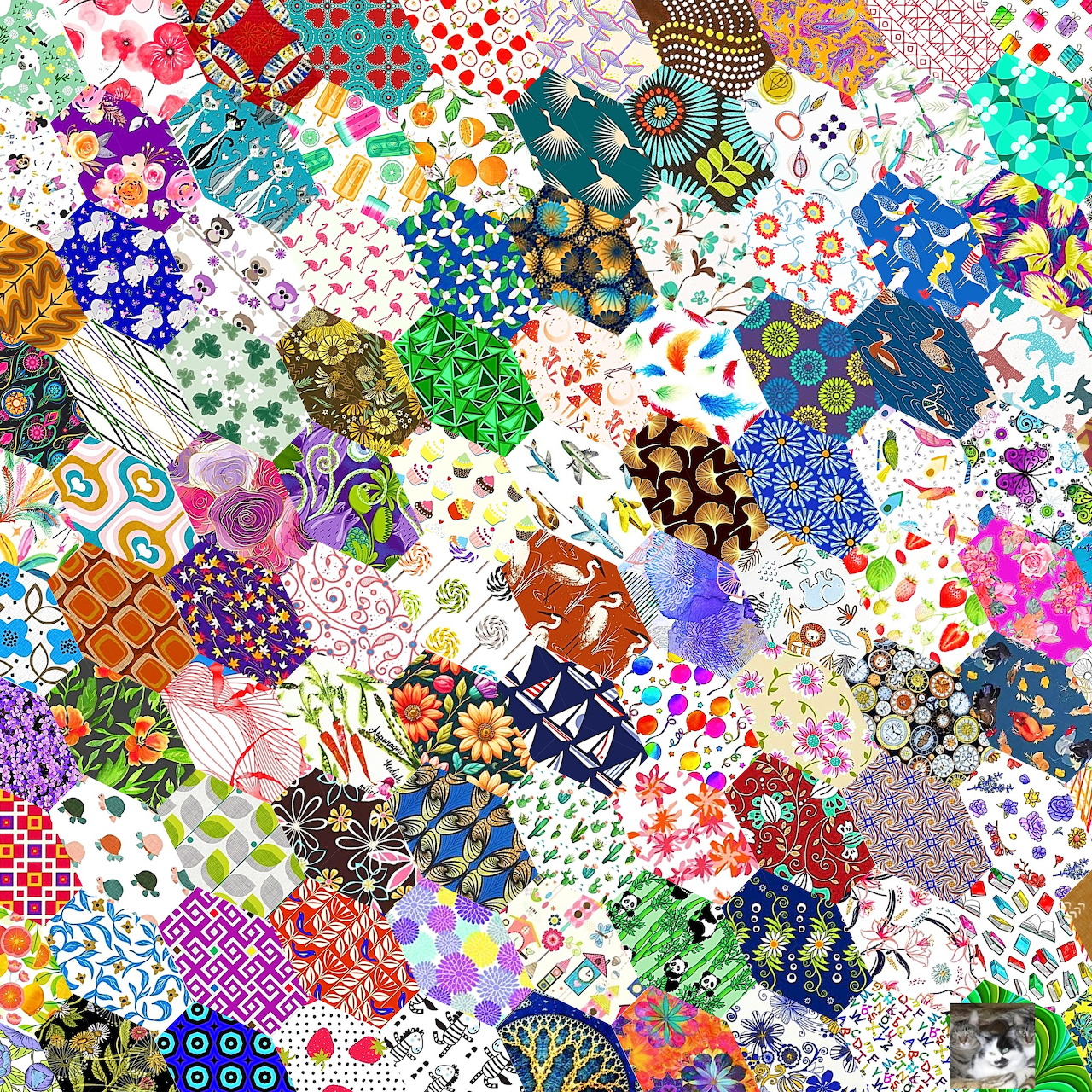 Dense collage of colorful patchwork fabric squares with mixed patterns including flowers, dots, and geometric shapes