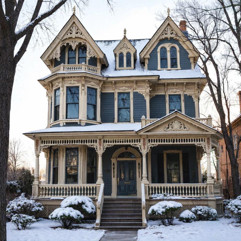 Grand Victorian house with ornate details in snowy winter setting