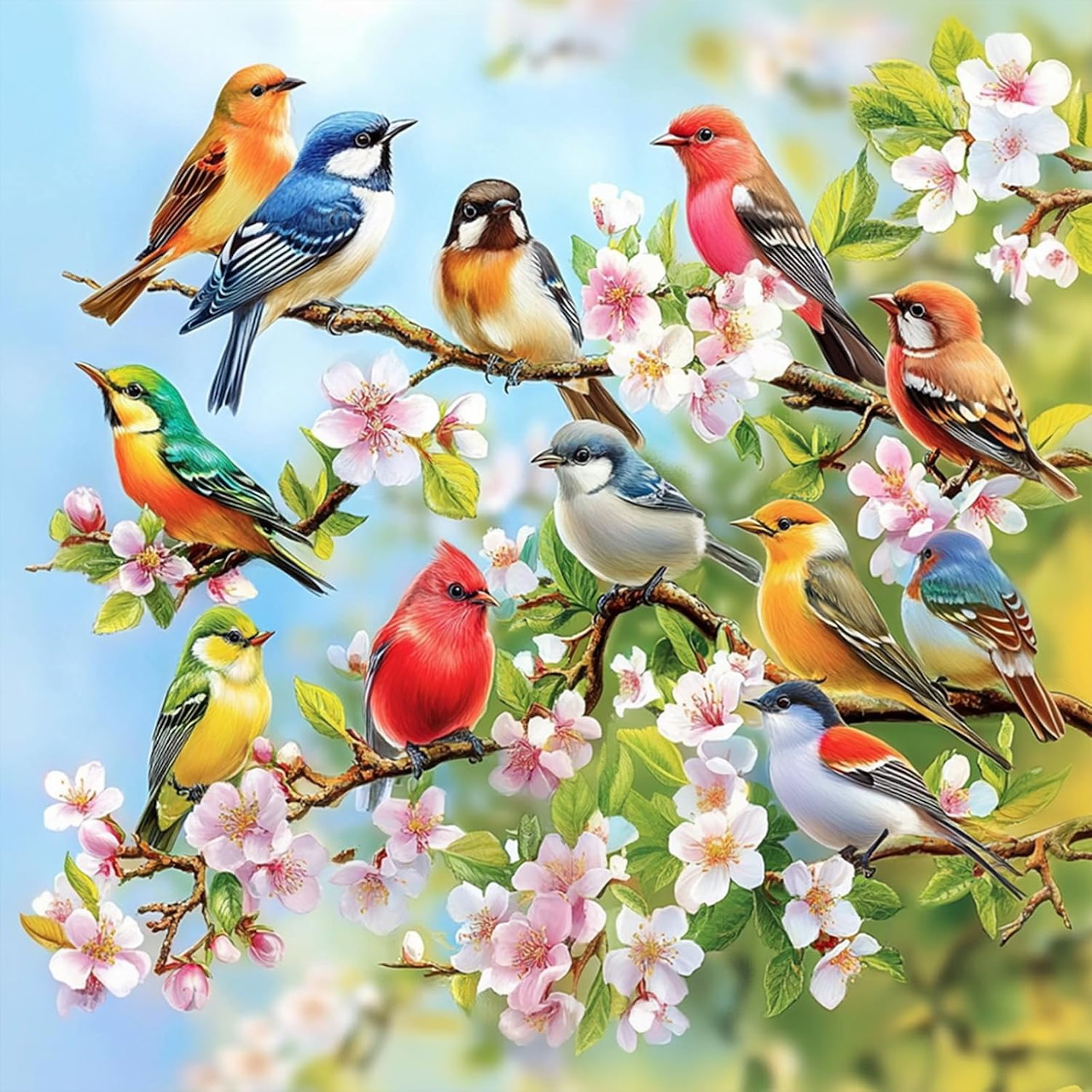 Illustration of nine colorful songbirds perched among pink and white flowering branches on a soft blue background