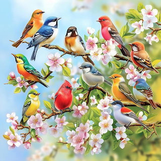 Colorful Birds on Blossoms