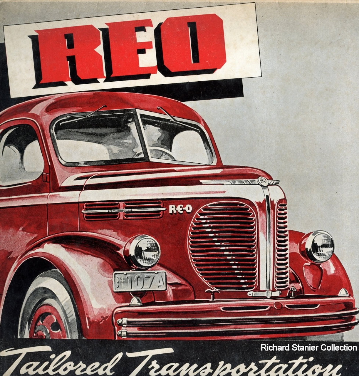Vintage illustration of a red REO automobile with large REO text above