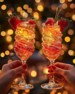 Two hands holding glowing strawberry cocktail glasses with bokeh lights in the background
