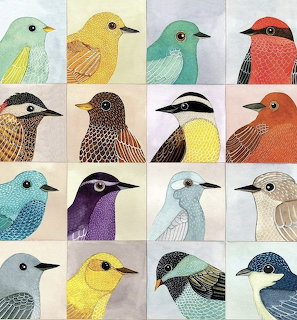 Illustrated grid of sixteen colorful bird portraits with varied patterns and pastel backgrounds