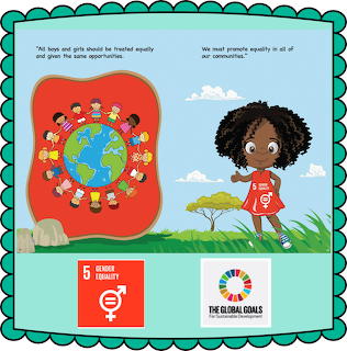 Illustrated gender equality poster with children around the globe and a girl next to Goal 5 symbols