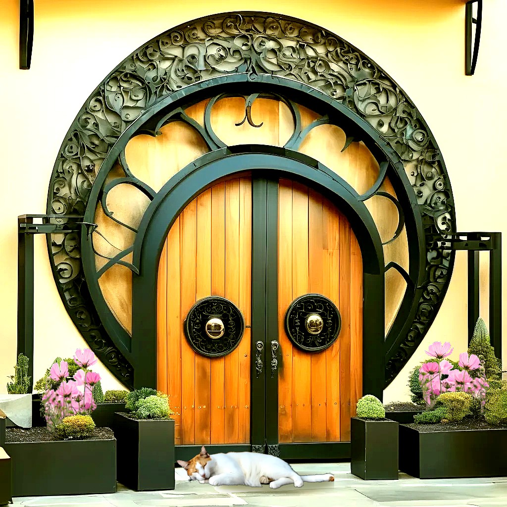 Ornate circular wooden door with decorative metal archway, flowers in planters, and white cat lying on doorstep