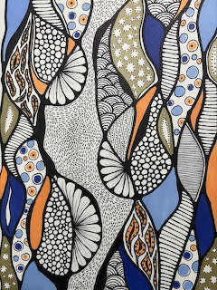 Abstract art with curved shapes and intricate dot and line patterns in blue, orange, black, and white