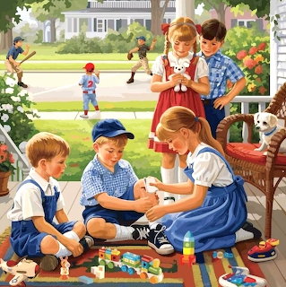 Children playing with blocks and toys on porch, neighborhood scene in background