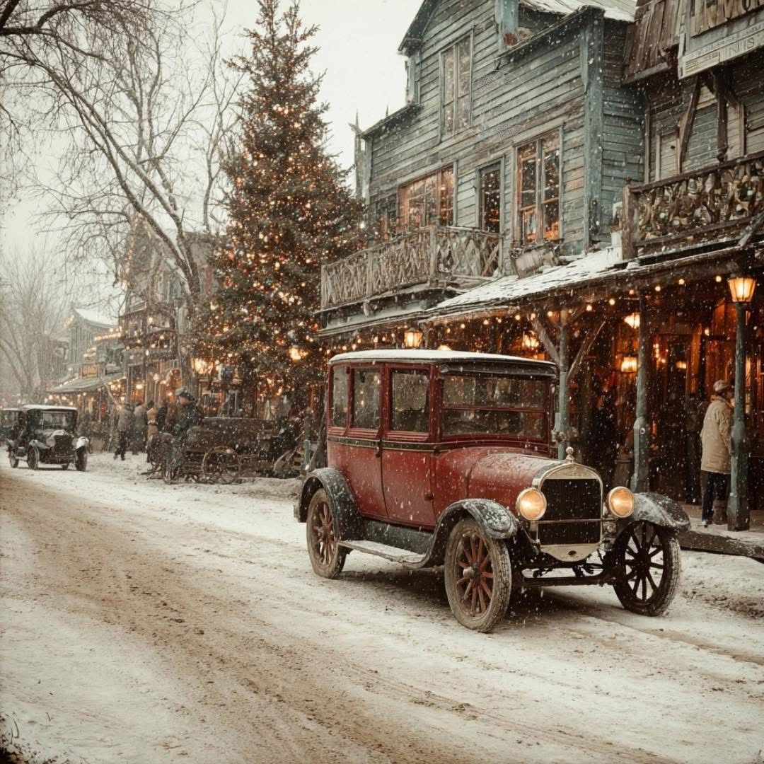 Vintage red car on snowy street with Christmas tree and lit buildings