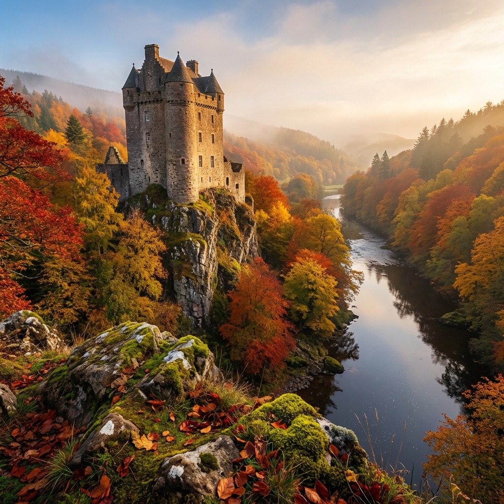 Stone castle tower on cliff above river with autumn trees in misty Scottish valley