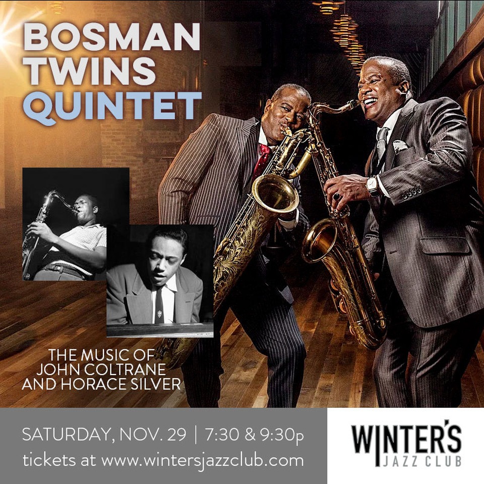 Jazz poster with two men playing saxophones and two inset black-and-white musician portraits