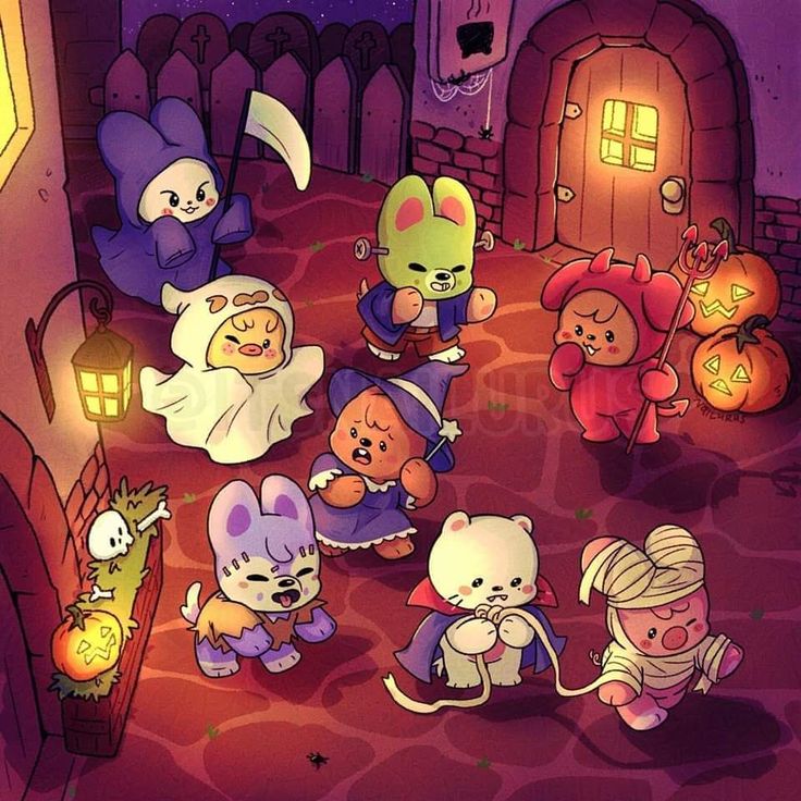 Cute cartoon animals in Halloween costumes trick-or-treating with jack-o-lanterns on a spooky street