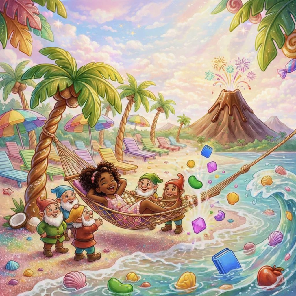 Children relaxing in hammock on tropical beach surrounded by floating candy and sweets under pastel sky