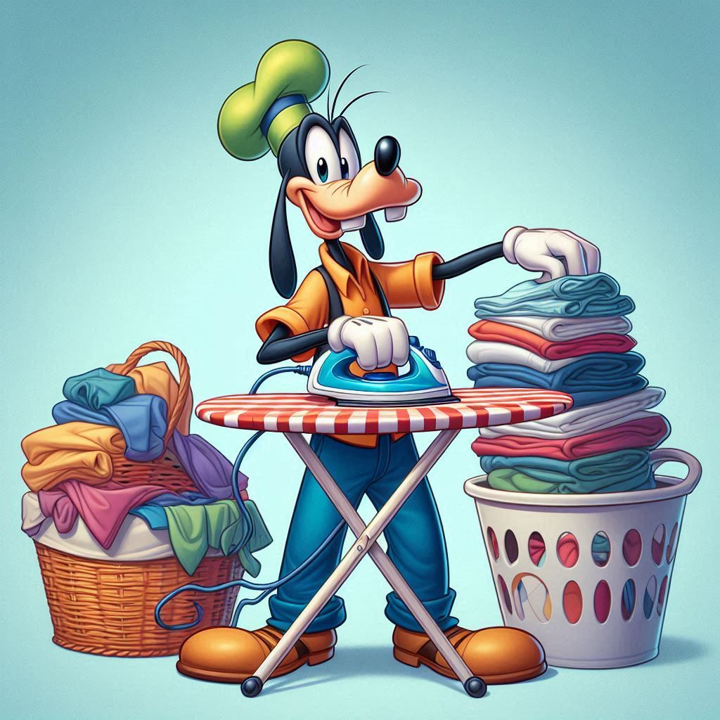 Cartoon of Goofy character ironing clothes with laundry baskets beside him
