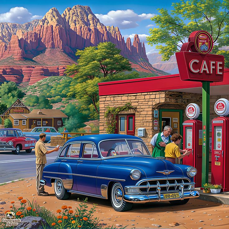 Vintage blue car at a retro cafe and gas station with red rock mountains behind