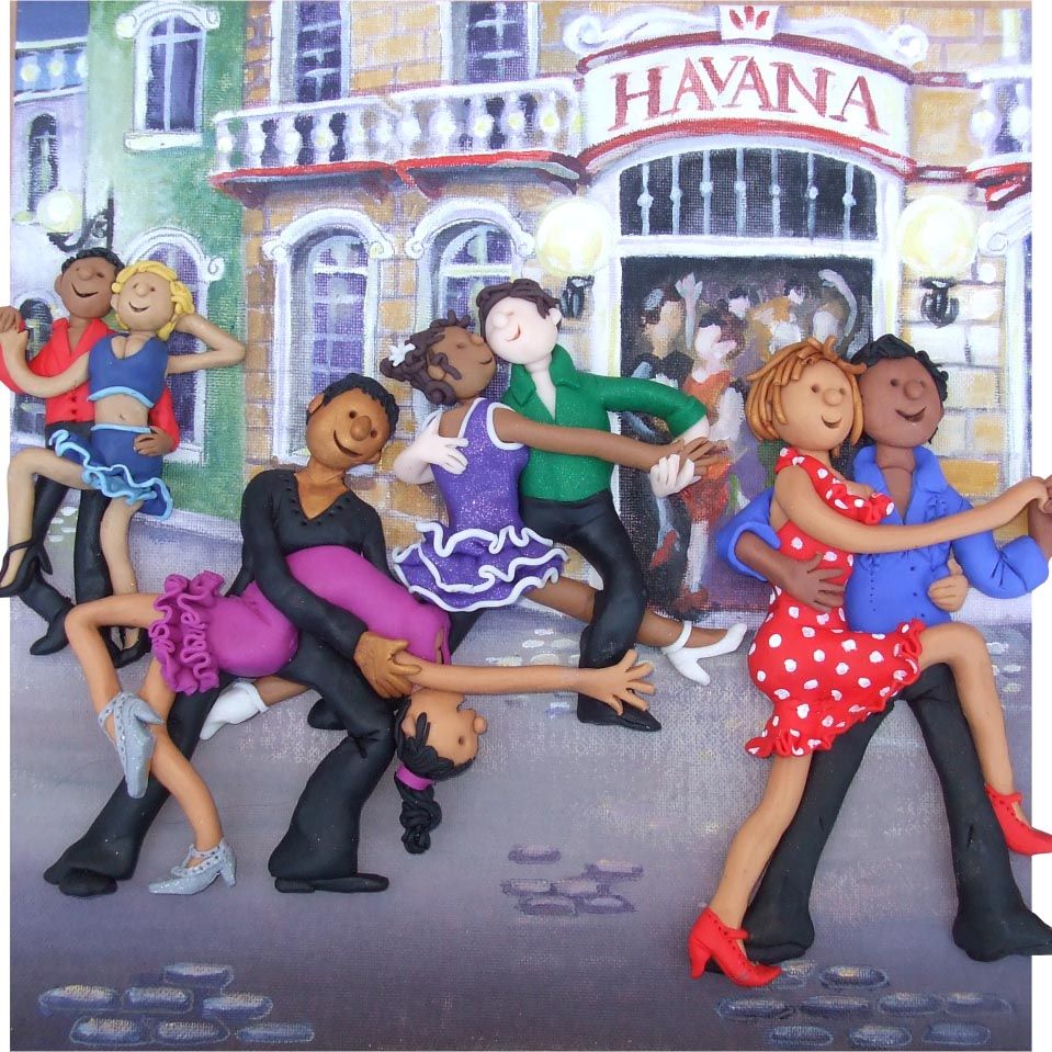 Cartoon couples dancing in the street in front of a building with a Havana sign