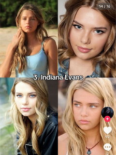 Collage of four photos of Indiana Evans, a blonde actress, in different settings