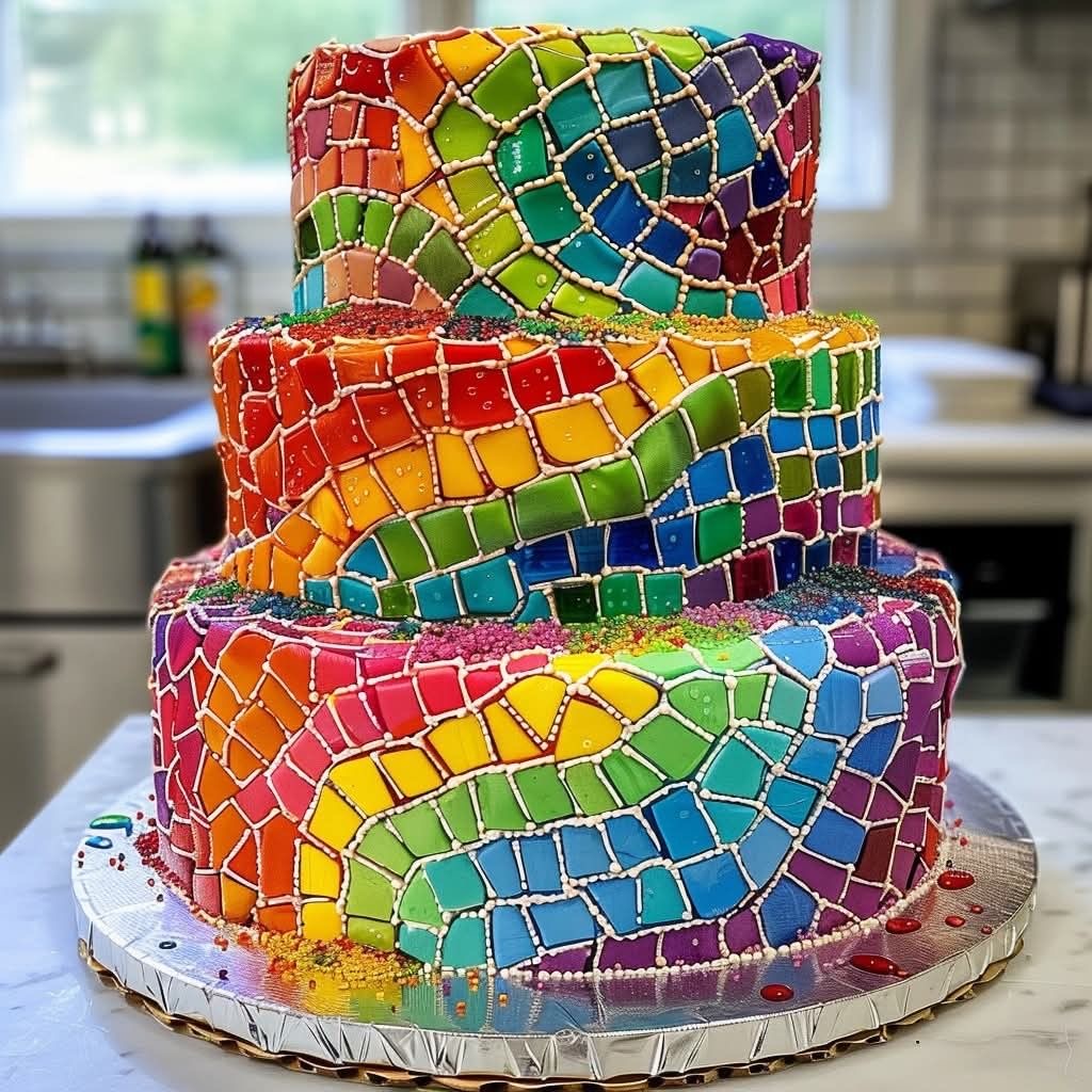 Three-tier cake covered in colorful mosaic tile patterns on a cake stand
