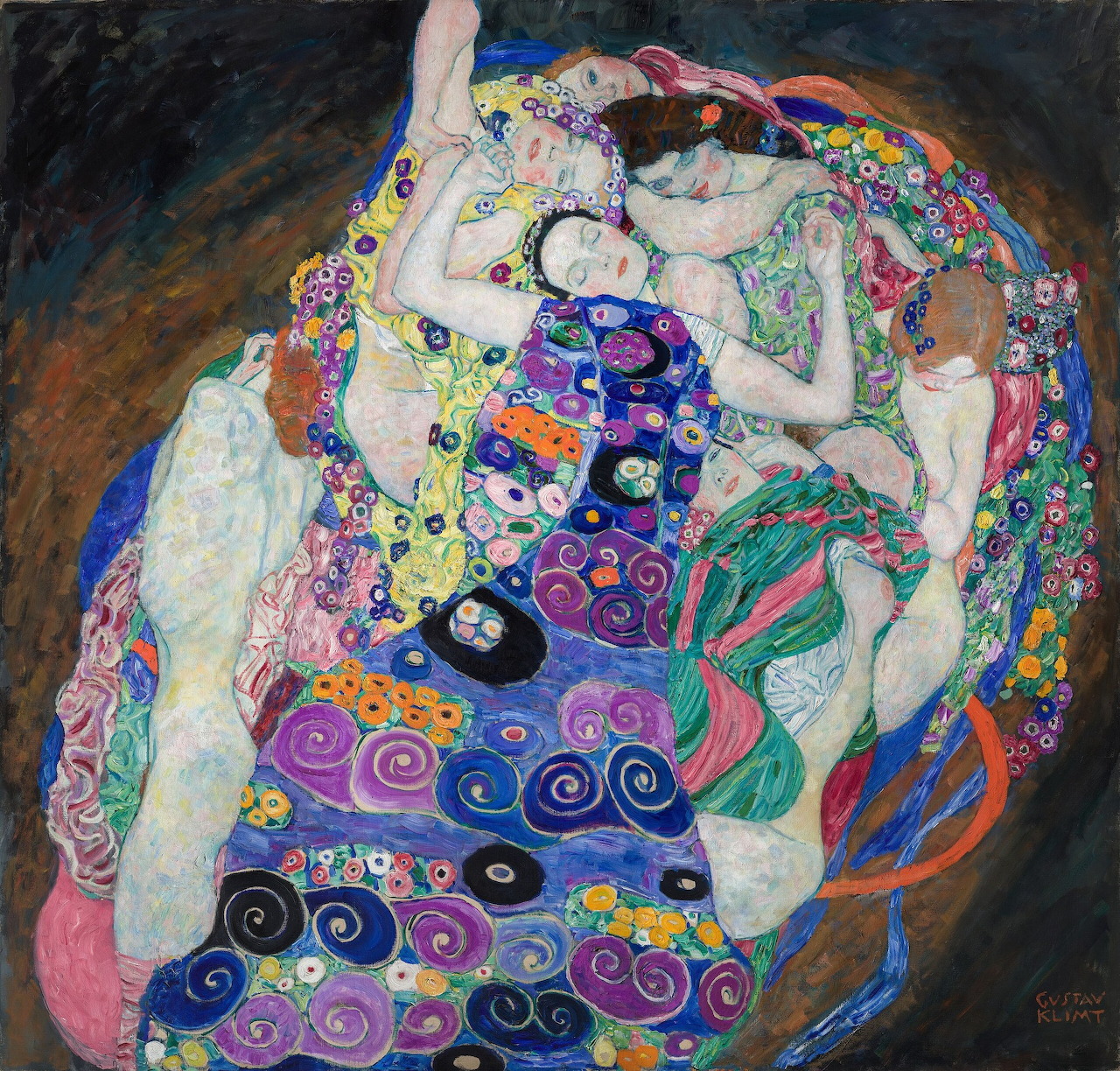 Klimt painting of a maiden enveloped in vibrant decorative patterns with gold leaf and swirling forms