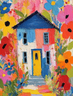 Colorful painted house with a yellow door surrounded by bright flowers