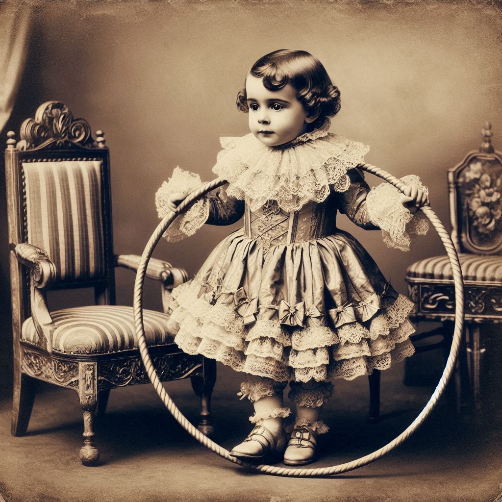 Sepia portrait of young Victorian girl in lace dress holding hoop toy between ornate chairs