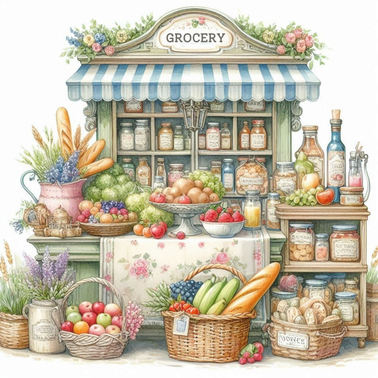 Watercolor illustration of vintage grocery storefront with produce baskets, jars, and floral decorations
