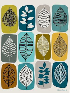 Grid of twelve stylized leaves with geometric patterns in retro colors