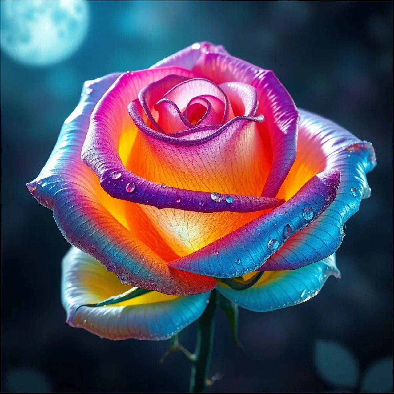 Glowing rainbow rose with neon edges, petals in pink, orange, yellow, blue gradient on dark background
