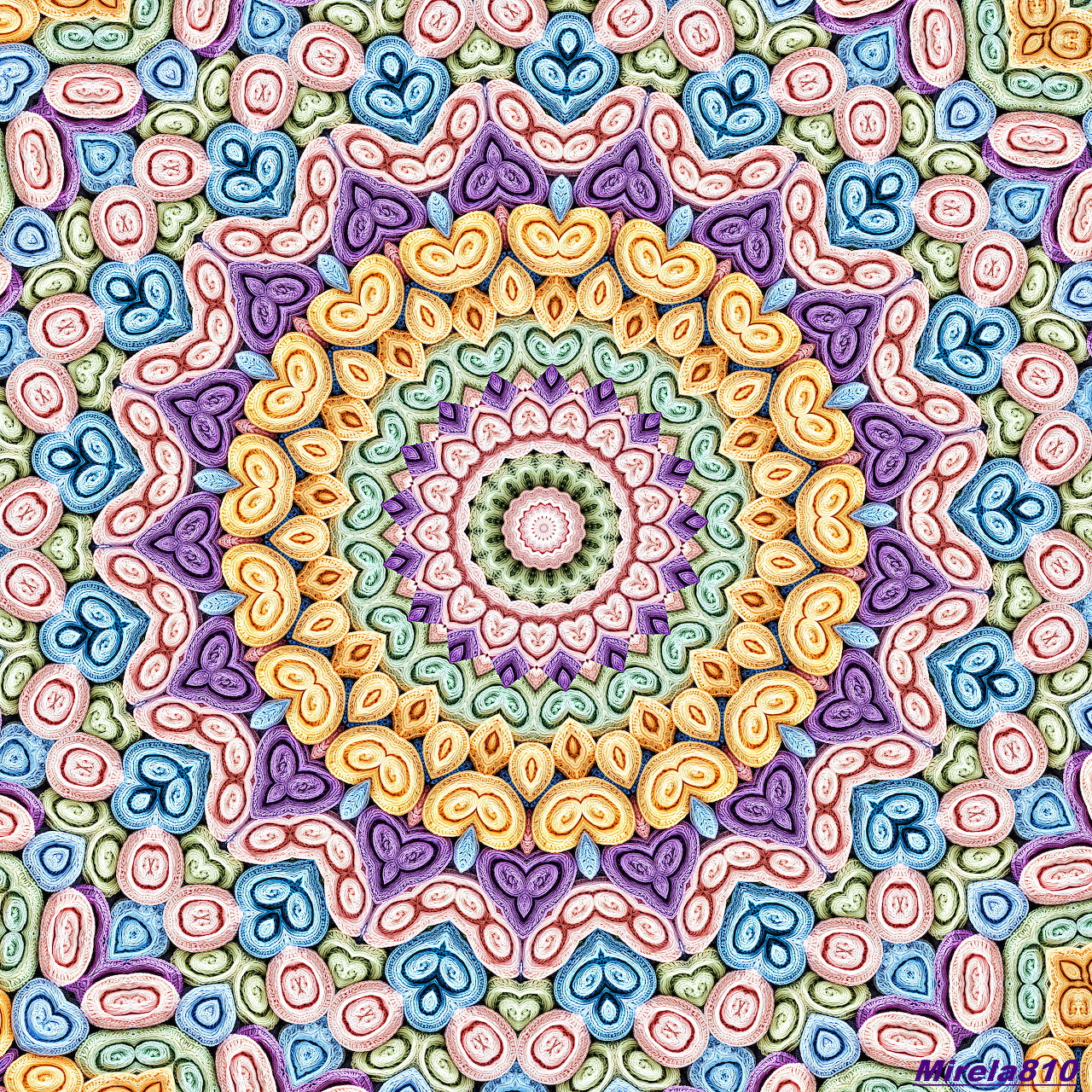 Ornate mandala with colorful concentric circles and swirling decorative patterns in pastel hues