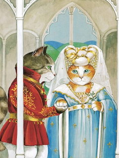 Two illustrated cats in medieval royal clothing under stone arches