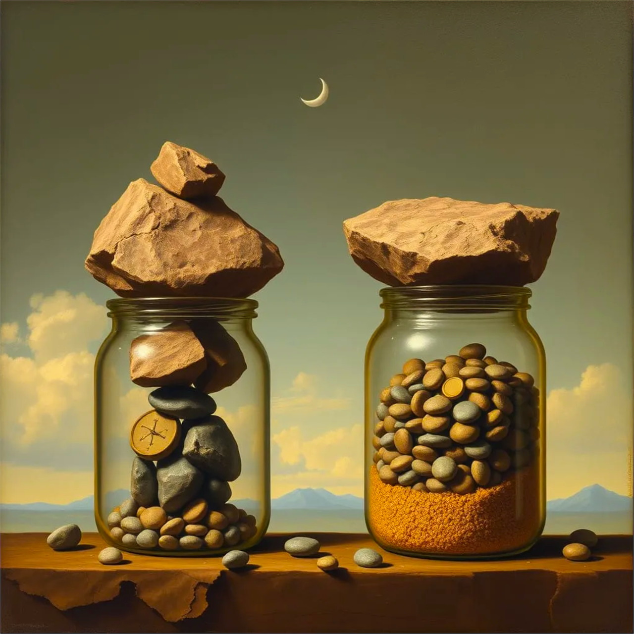 Two mason jars containing stacked rocks, pebbles and gold sand under a crescent moon sky
