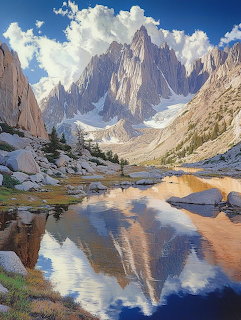 Jagged mountains reflected in a calm alpine pond with rocky slopes and clouds