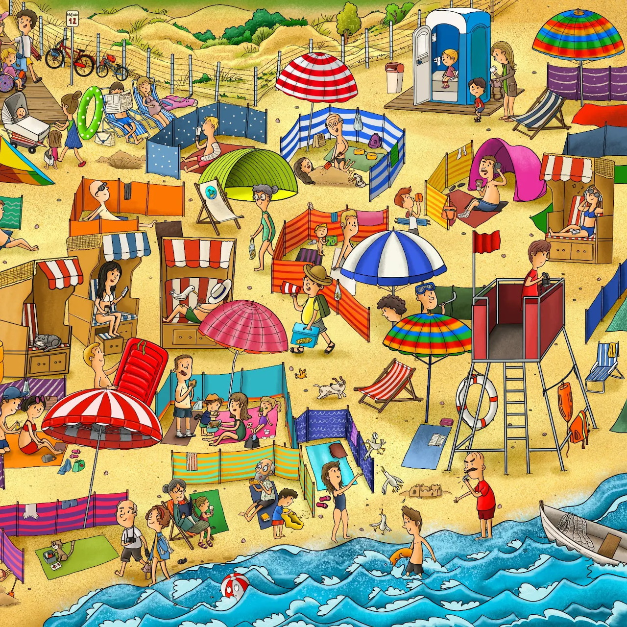 Colorful illustrated beach scene with many umbrellas, people, and activities on sandy shore with ocean