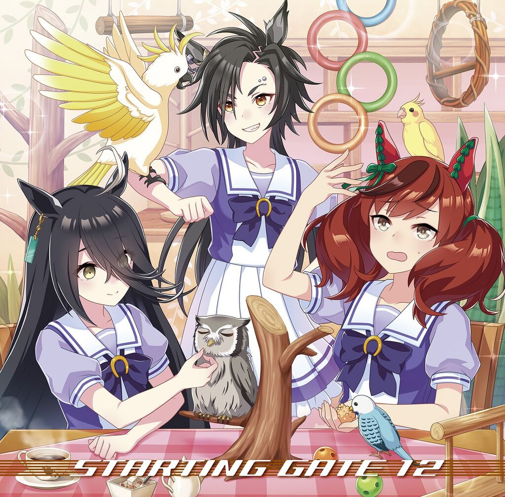 Anime illustration of three horse girls in school uniforms with birds, an owl, and colorful hoops