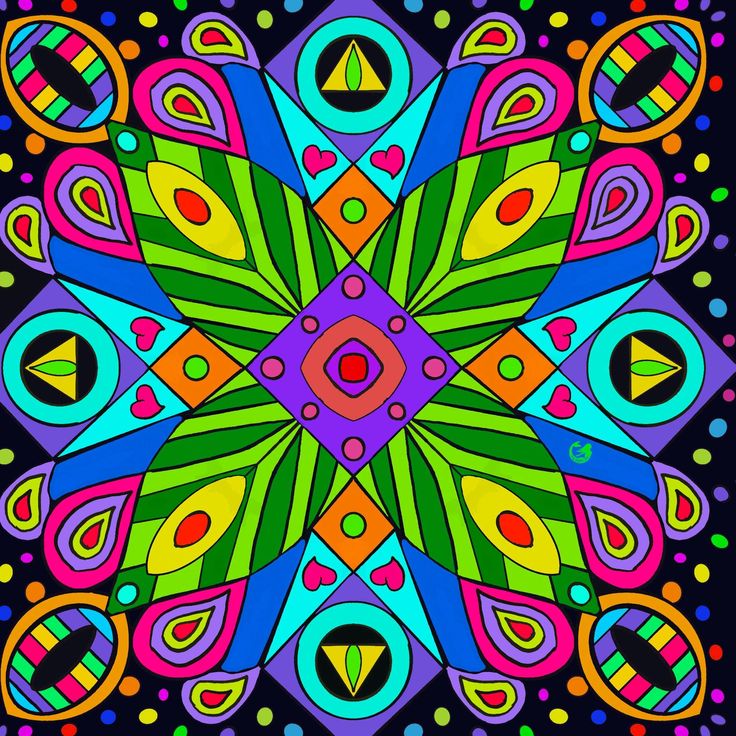 Colorful geometric mandala with symmetrical patterns in rainbow hues on black background
