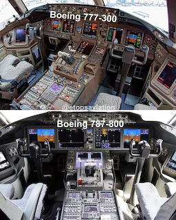 Side-by-side comparison of Boeing 777-300 and Boeing 787-800 aircraft cockpit interiors with flight instruments