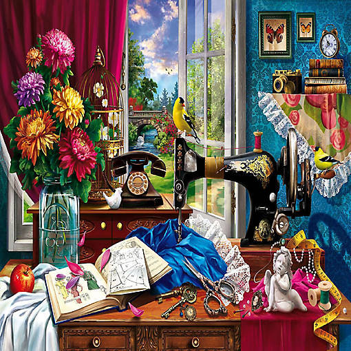 Vintage sewing room with antique machine, flowers, fabric, and window view with bird