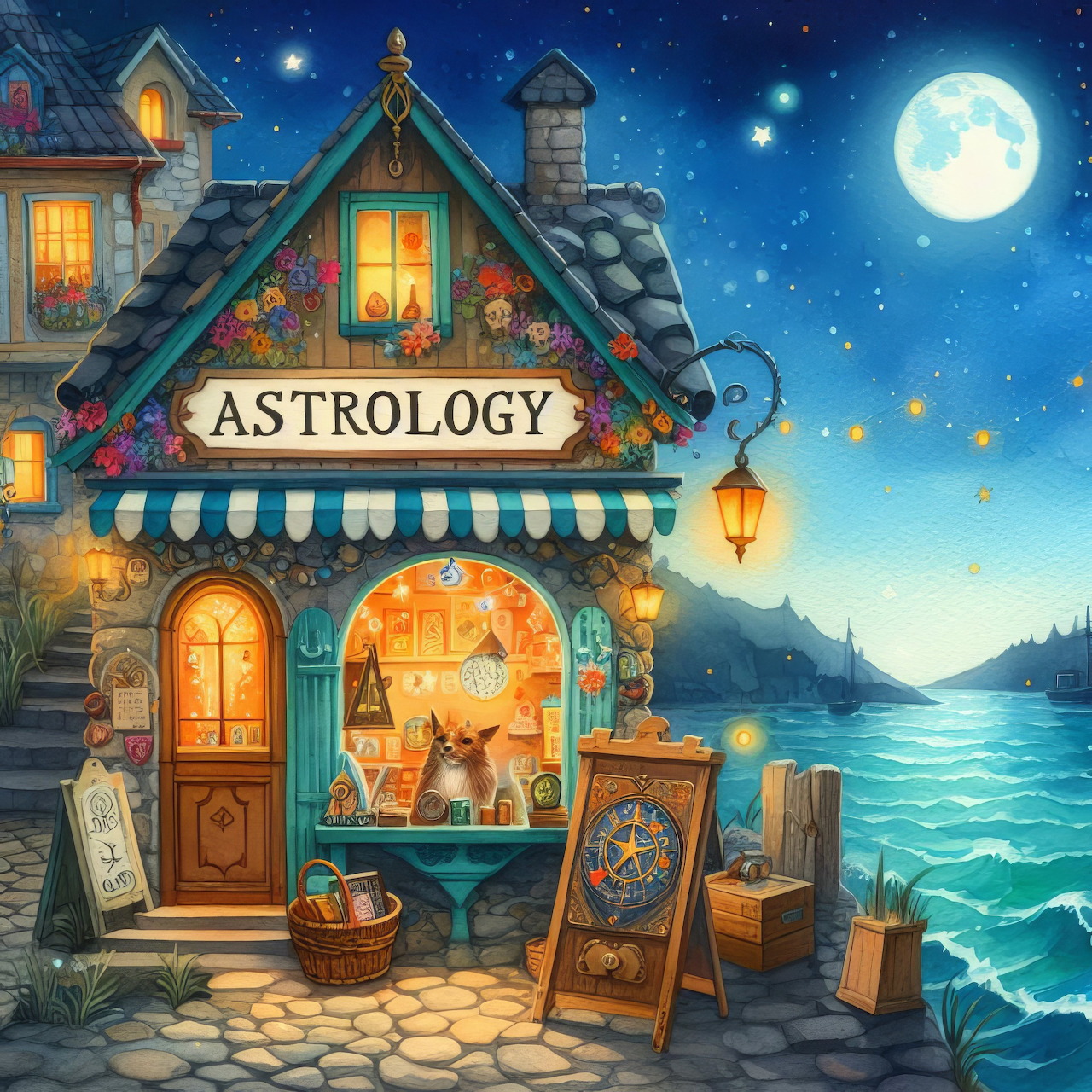 Whimsical astrology shop at night by moonlit ocean with glowing windows and starry sky