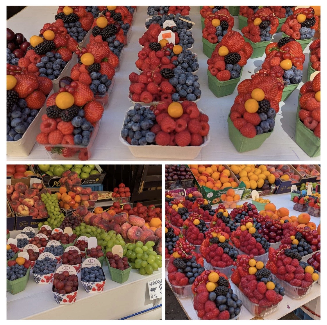 Rows of clear containers filled with colorful fresh berries and fruits including strawberries, grapes, and apricots