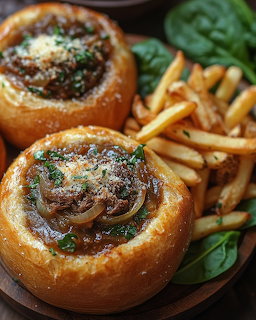 Beef stew in bread bowls with french fries and basil garnish on wooden plate