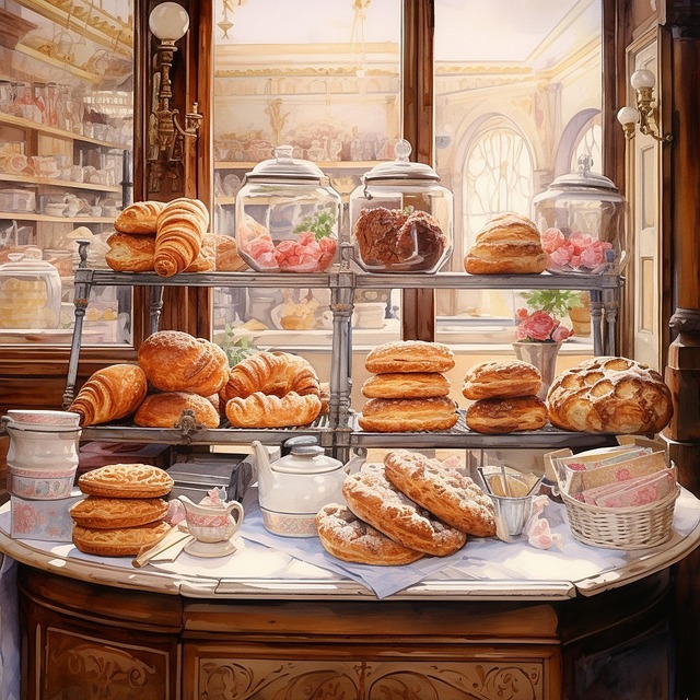 Bakery display case with croissants, pastries, bread, and glass jars on a wooden counter