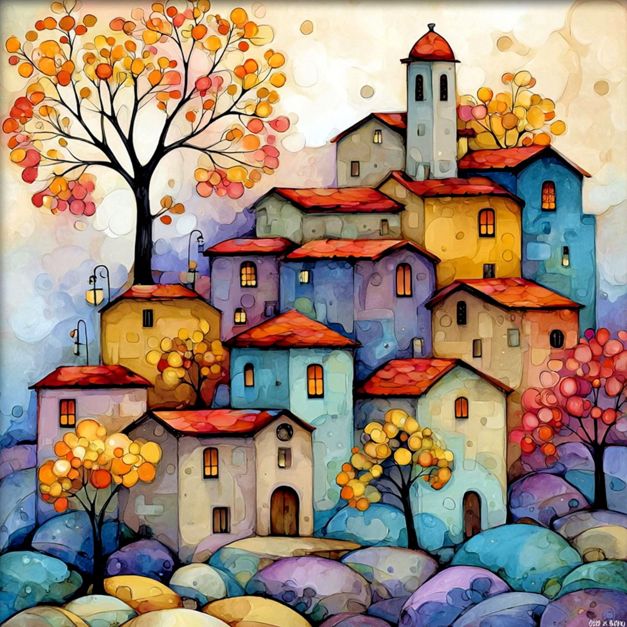 Colorful illustrated village with clustered houses, autumn trees, and clock tower in warm and cool tones