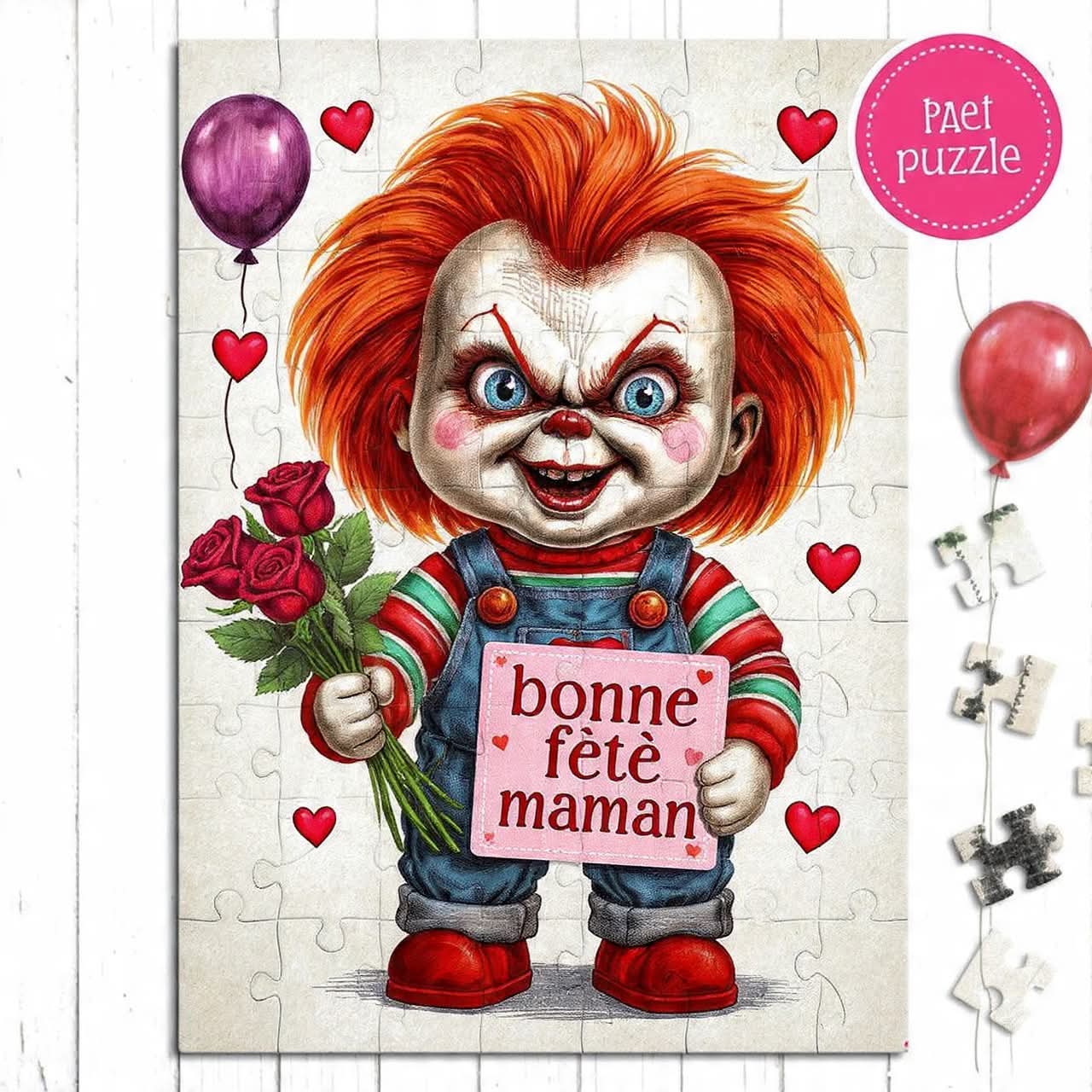 Chucky doll holding red roses and Mother's Day card with balloons and hearts