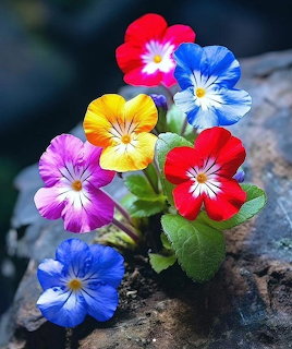 Cluster of colorful primrose flowers with white centers on stone