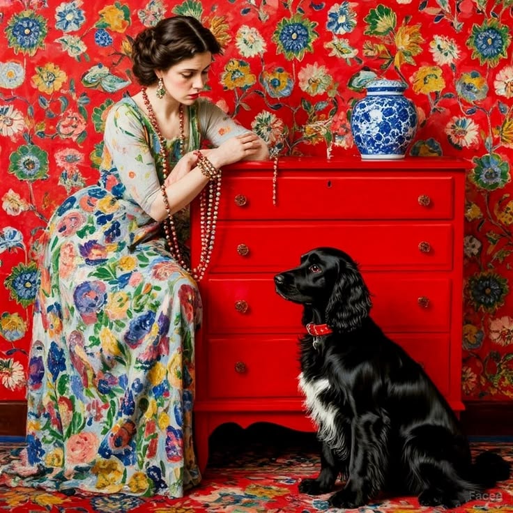 Woman with Dog in Floral Room