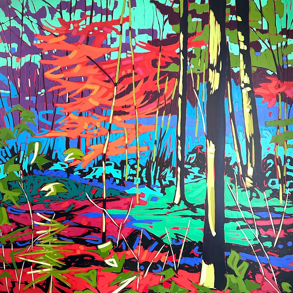 Colorful abstract acrylic painting of a forest with tall trees and vibrant red, green, purple foliage