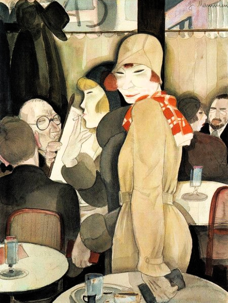 Expressionist painting of people in a Berlin cafe with a standing woman in beige and red