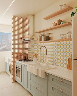 Bright modern kitchen with green cabinets, wooden shelves, farmhouse sink, and patterned tile backsplash