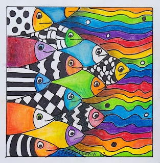 Colorful drawing of patterned fish swimming through rainbow water