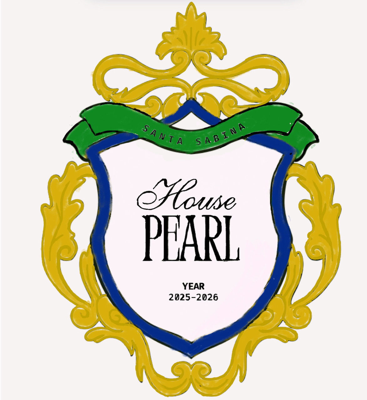 House Pearl school crest with gold baroque frame, blue shield, green banner, Year 2025-2026