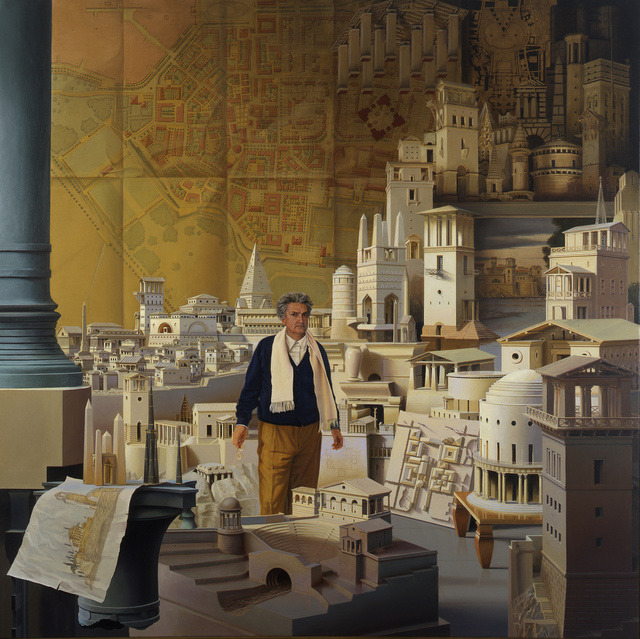 Painting of a man among architectural models and fantasy buildings indoors